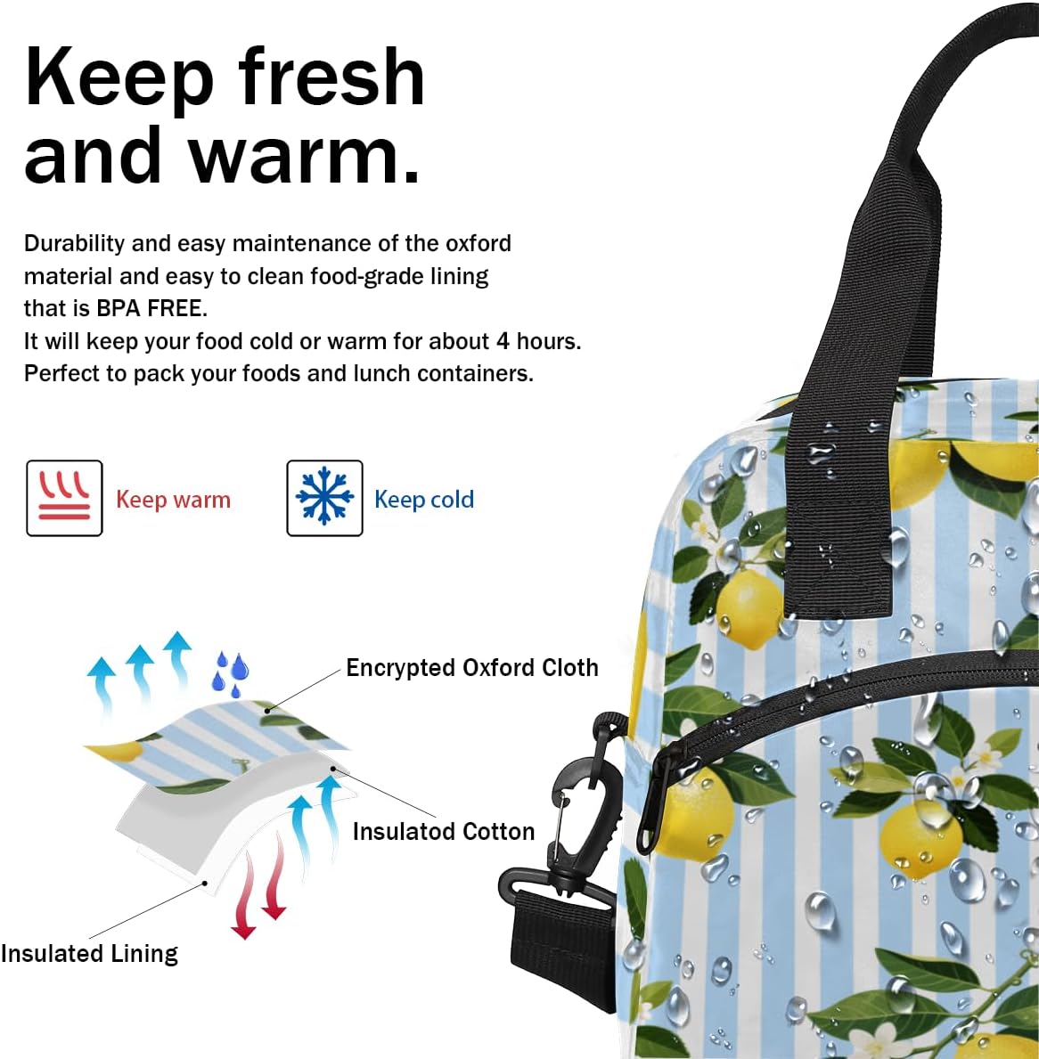 Lemon Stripes Insulated Lunch Bag for Women Men Reusable Lunch Box Cooler Bag Large Leakproof Lunch Tote with Adjustable Shoulder Strap for Adult Work Picnic Camping Beach Office