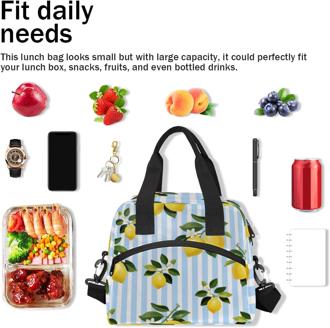 Lemon Stripes Insulated Lunch Bag for Women Men Reusable Lunch Box Cooler Bag Large Leakproof Lunch Tote with Adjustable Shoulder Strap for Adult Work Picnic Camping Beach Office