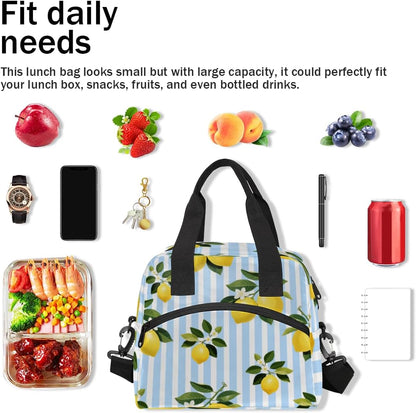 Lemon Stripes Insulated Lunch Bag for Women Men Reusable Lunch Box Cooler Bag Large Leakproof Lunch Tote with Adjustable Shoulder Strap for Adult Work Picnic Camping Beach Office