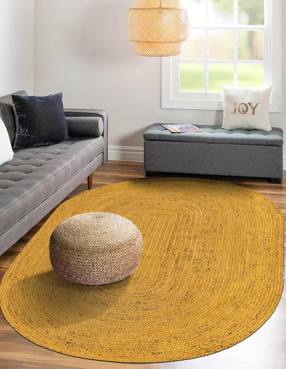 Indian Handmade Braided Yellow Natural Jute Area Rug- Jute Rug-for Dining Room- Living Room Size - 2.3 x 4 Feet Oval (69 cm x 120 cm)