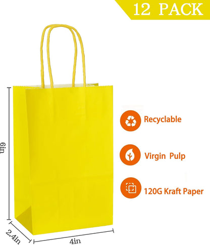 Mini Yellow Gift Bags Small Kraft Paper Bags with Handles (4 x 2.4 x 6 in, Yellow, 12 Pcs)