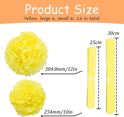 12 Pcs Tissue Paper Pom Poms Flowers,10''12''Paper Flower Party Decorations for Wedding Birthday Baby Shower Baby Girl Room Nursery Decoration（Yellow/ZH）