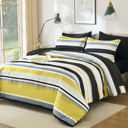 Yellow Comforter King Size Set, 7 Pieces Bed in a Bag Yellow and Black Comforter Set, Soft Boho Striped Bedding Sets with Sheets, Pillowcases & Shams
