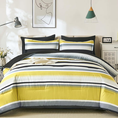 Yellow Comforter King Size Set, 7 Pieces Bed in a Bag Yellow and Black Comforter Set, Soft Boho Striped Bedding Sets with Sheets, Pillowcases & Shams