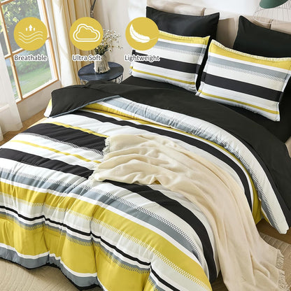 Yellow Comforter King Size Set, 7 Pieces Bed in a Bag Yellow and Black Comforter Set, Soft Boho Striped Bedding Sets with Sheets, Pillowcases & Shams