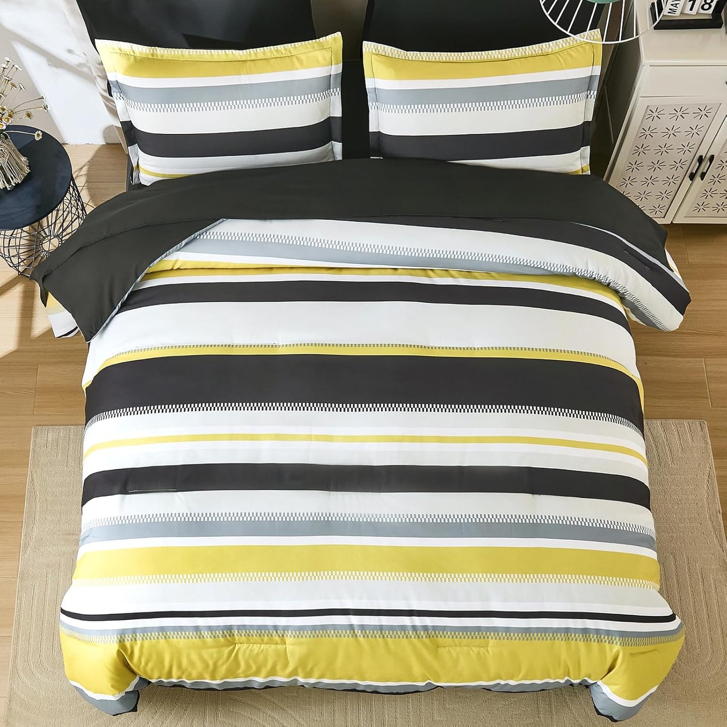 Yellow Comforter King Size Set, 7 Pieces Bed in a Bag Yellow and Black Comforter Set, Soft Boho Striped Bedding Sets with Sheets, Pillowcases & Shams