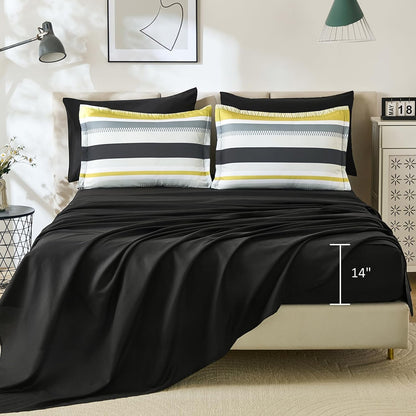Yellow Comforter King Size Set, 7 Pieces Bed in a Bag Yellow and Black Comforter Set, Soft Boho Striped Bedding Sets with Sheets, Pillowcases & Shams