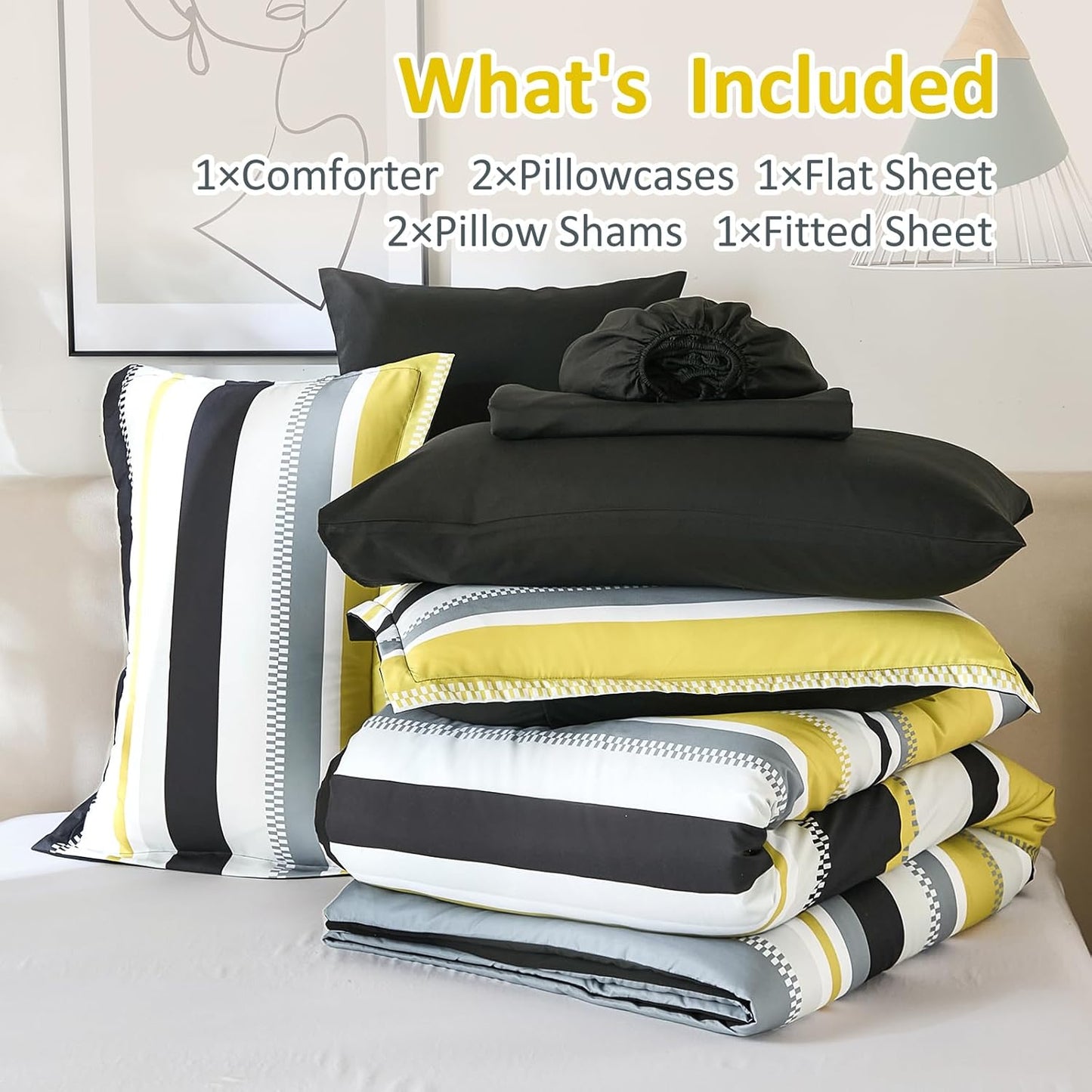 Yellow Comforter King Size Set, 7 Pieces Bed in a Bag Yellow and Black Comforter Set, Soft Boho Striped Bedding Sets with Sheets, Pillowcases & Shams