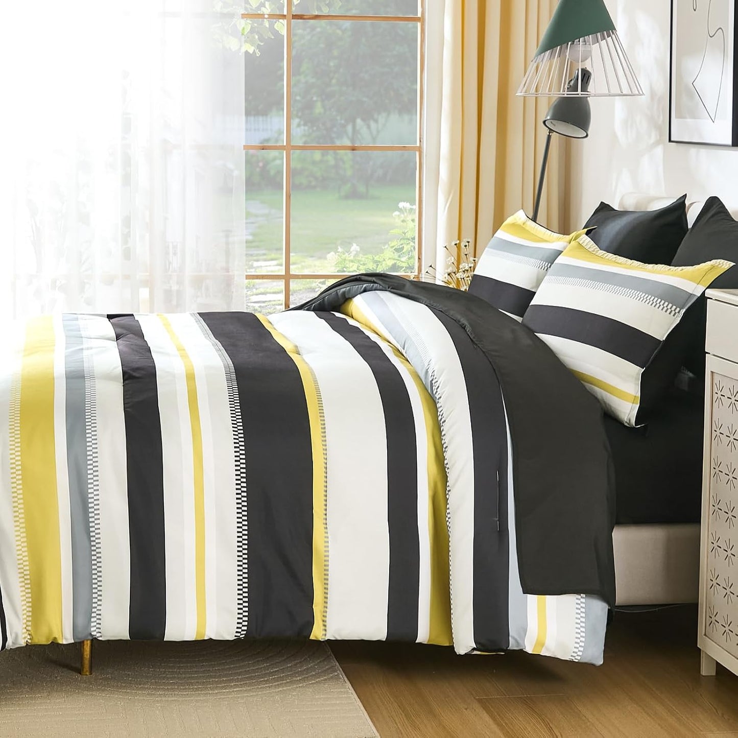 Yellow Comforter King Size Set, 7 Pieces Bed in a Bag Yellow and Black Comforter Set, Soft Boho Striped Bedding Sets with Sheets, Pillowcases & Shams