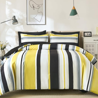 Yellow Comforter King Size Set, 7 Pieces Bed in a Bag Yellow and Black Comforter Set, Soft Boho Striped Bedding Sets with Sheets, Pillowcases & Shams