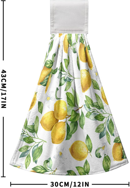 Spring Lemon Kitchen Hand Towels with Loop 2 Pcs Summer Leaves Yellow Lemons Hanging Dish Towels Soft Absorbent Tie Towel Dishcloths for Bathroom Kitchen Washroom 17 x 12 in