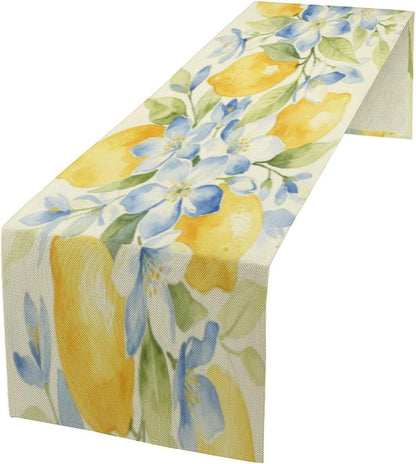 Lemon Table Runner Summer Yellow Tablecloth Style, Blue & Yellow Lemon Print Party Decorations for Kitchen Dining Holiday Picnic Home 13x36 Inch