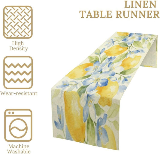 Lemon Table Runner Summer Yellow Tablecloth Style, Blue & Yellow Lemon Print Party Decorations for Kitchen Dining Holiday Picnic Home 13x36 Inch