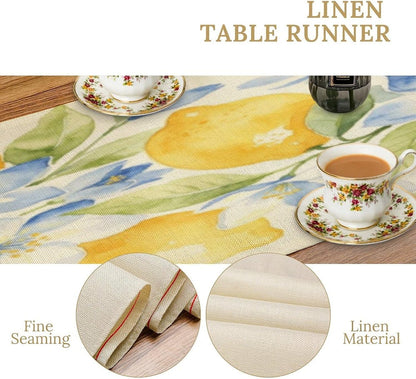 Lemon Table Runner Summer Yellow Tablecloth Style, Blue & Yellow Lemon Print Party Decorations for Kitchen Dining Holiday Picnic Home 13x36 Inch
