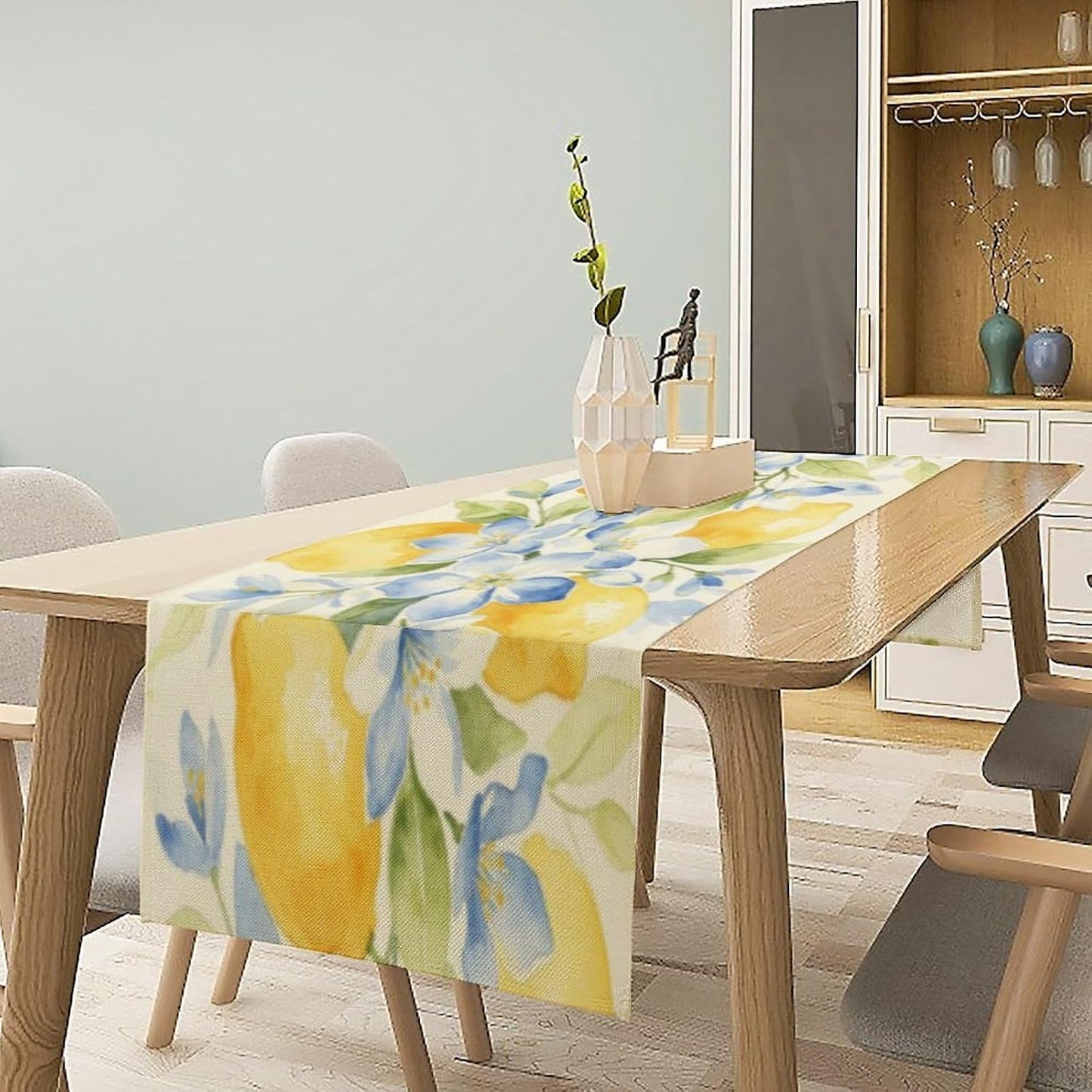 Lemon Table Runner Summer Yellow Tablecloth Style, Blue & Yellow Lemon Print Party Decorations for Kitchen Dining Holiday Picnic Home 13x36 Inch