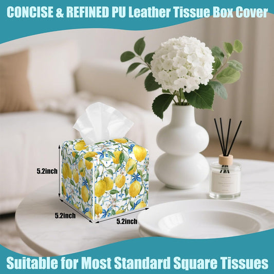 Watercolor Lemons Leather Tissue Holder,Blue Tiles Square Tissue Box Cover with Bottom Belt,Modern Decorative Facial Tissue Paper Cover for Bedroom Nightstand Vanity Desk Office,5.2" x 5.2" x 5.2"