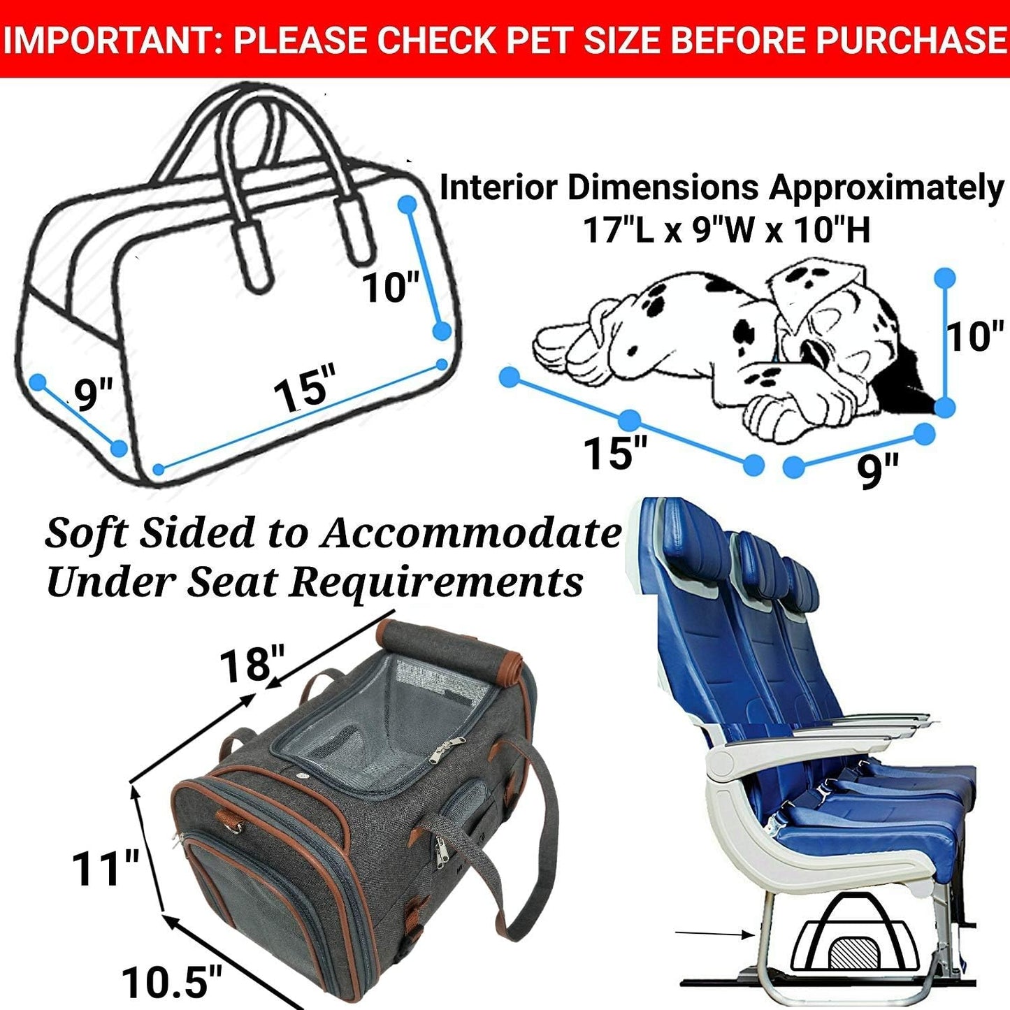 Airline Approved Soft Sided Pet Carrier, Low Profile Gold Series Tote, Premium Brand Self Locking Zippers, Under Seat Compatibility, Plush Faux Fleece Bedding with a Sturdy Plywood Base