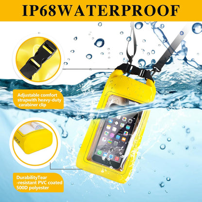 IP68 Waterproof Dry Bag, 2L - Roll Top Waterproof Pool Bag，dry bags for kayaking waterproof-w/Phone Pouch,Large Waterproof Phone Pouch,Boating & Kayak Accessories camping (yellow)