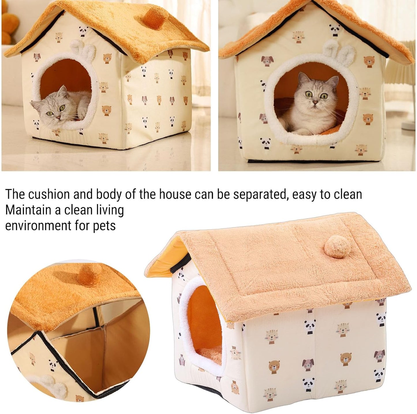 Cat Sleeping Bed Cave Soft Plush Indoor Cat House Tent for Pets Up to 16.5lbs Stylish Hideout for Home Beds Furniture (Yellow M Size)