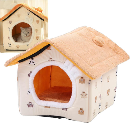 Cat Sleeping Bed Cave Soft Plush Indoor Cat House Tent for Pets Up to 16.5lbs Stylish Hideout for Home Beds Furniture (Yellow M Size)
