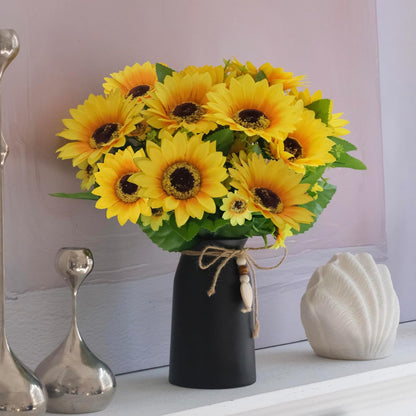 Artificial Sunflower Arrangement in Black Vase - 3 Bunches of Lifelike Sunflowers with Rustic Black Vase for Home Décor, Office, and Special Occasions
