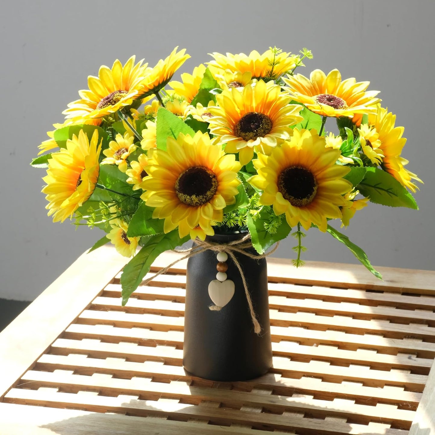 Artificial Sunflower Arrangement in Black Vase - 3 Bunches of Lifelike Sunflowers with Rustic Black Vase for Home Décor, Office, and Special Occasions