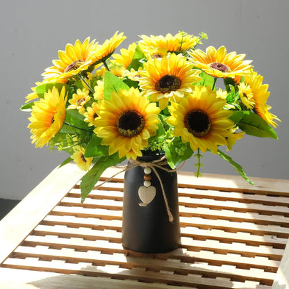 Artificial Sunflower Arrangement in Black Vase - 3 Bunches of Lifelike Sunflowers with Rustic Black Vase for Home Décor, Office, and Special Occasions