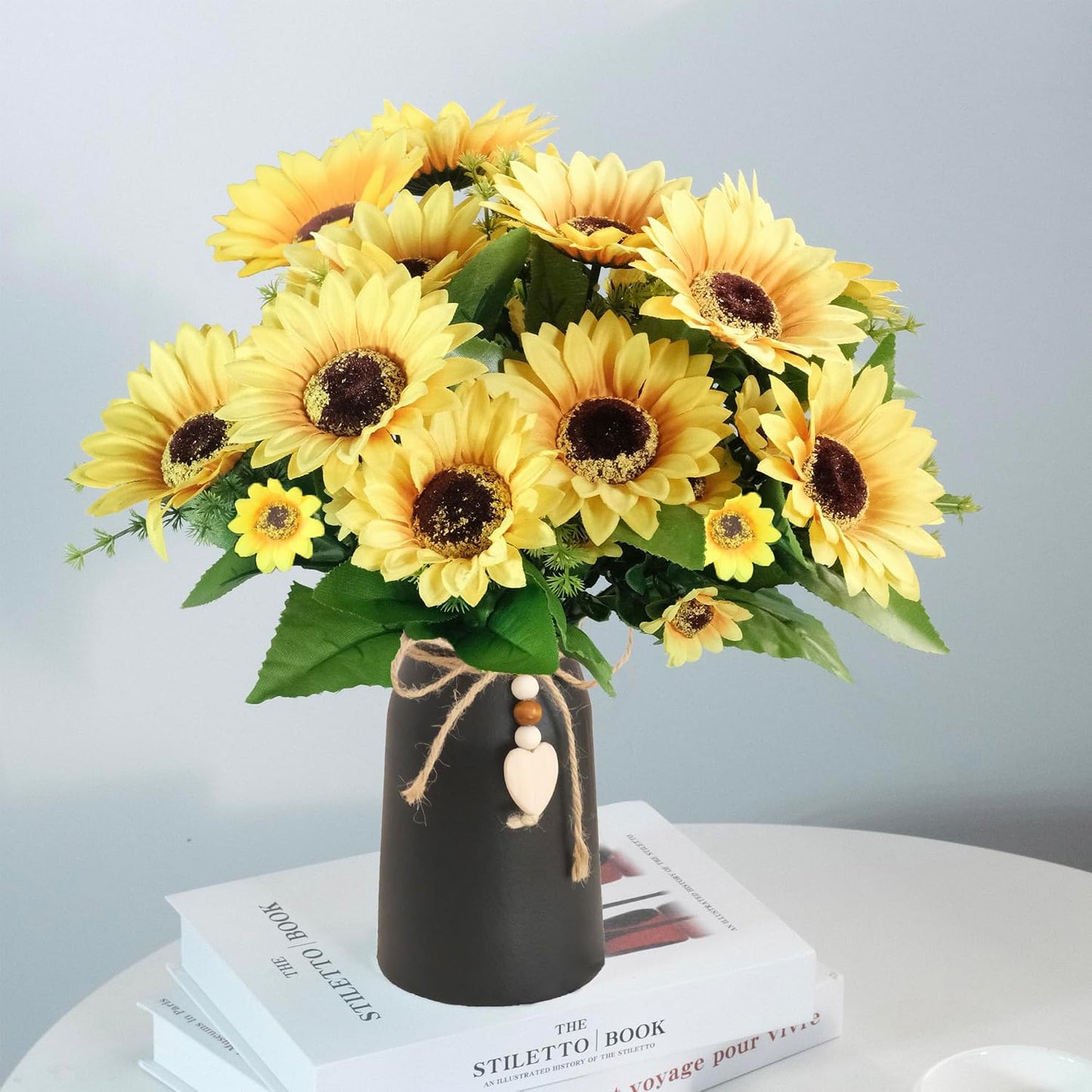 Artificial Sunflower Arrangement in Black Vase - 3 Bunches of Lifelike Sunflowers with Rustic Black Vase for Home Décor, Office, and Special Occasions