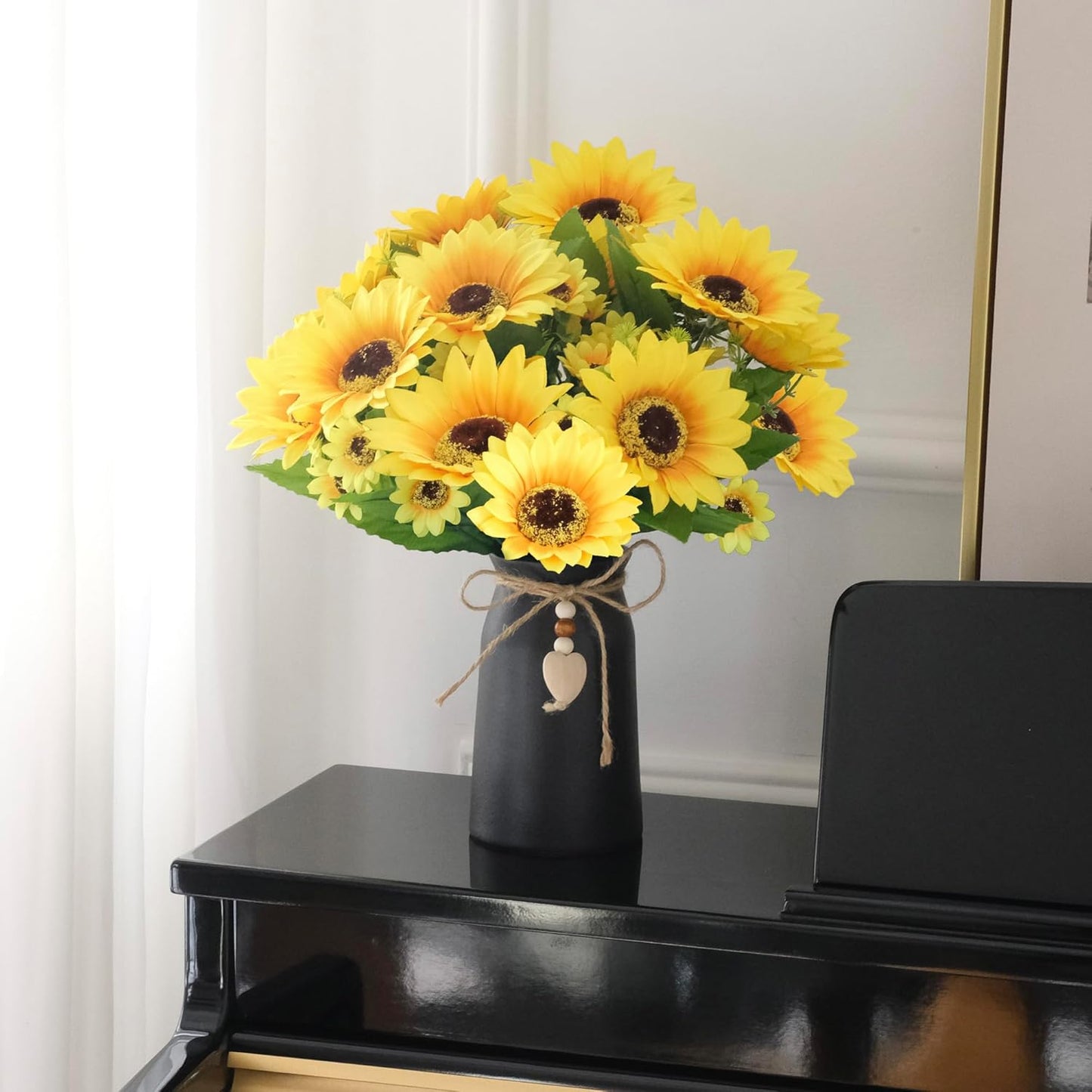 Artificial Sunflower Arrangement in Black Vase - 3 Bunches of Lifelike Sunflowers with Rustic Black Vase for Home Décor, Office, and Special Occasions