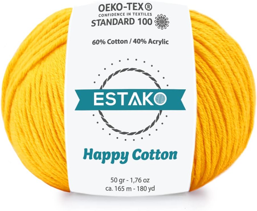 Happy Cotton 60% Cotton 40% Acrylic Yarn, Sport 2, Mustard Yellow | soft, fine, 50 g, 180 yds, baby clothes, amigurumi, 2-3 mm hook, summer tops, hats, blankets