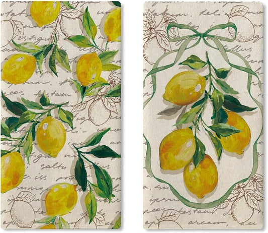 Vintage Lemon Kitchen Dish Towels Set of 2, Retro Citrus Fruit Bow Botanical Drying Hand Towel Baking Cooking Cloth, Spring Summer Farmhouse Bathroom Home Decoration 18'' x 26''
