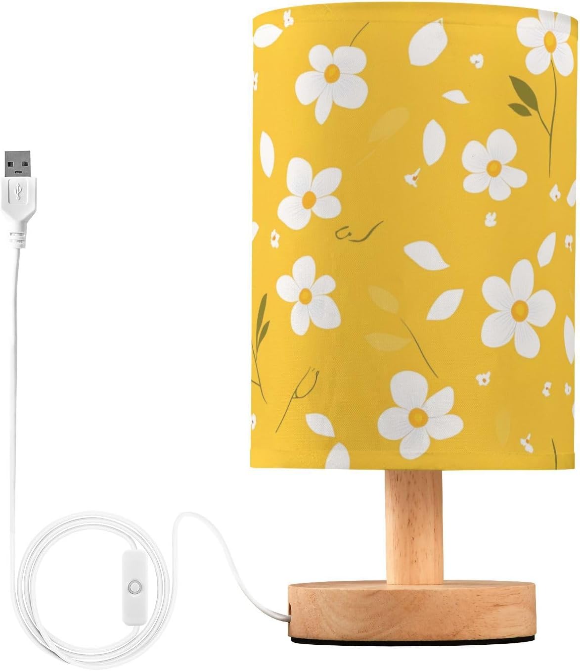 Table Lamp Bright Yellow Floral Pattern Bedside Nightstand Lamps Decorative Fabric Shade Light with Wood Base for Bedroom, Living Room, Office