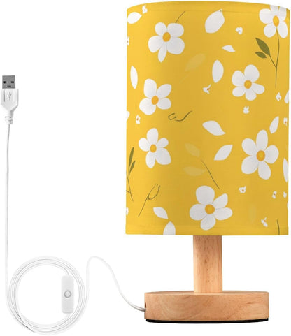Table Lamp Bright Yellow Floral Pattern Bedside Nightstand Lamps Decorative Fabric Shade Light with Wood Base for Bedroom, Living Room, Office