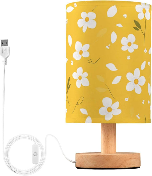 Table Lamp Bright Yellow Floral Pattern Bedside Nightstand Lamps Decorative Fabric Shade Light with Wood Base for Bedroom, Living Room, Office