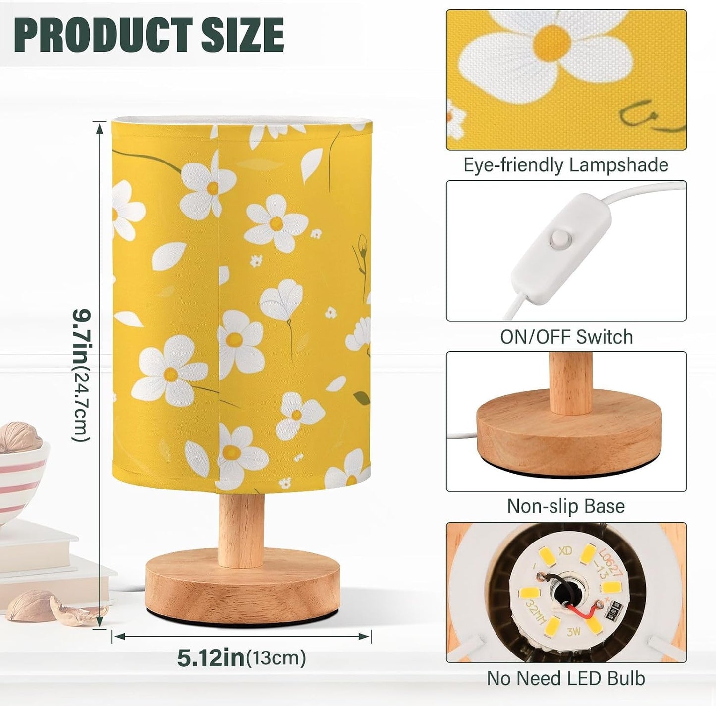 Table Lamp Bright Yellow Floral Pattern Bedside Nightstand Lamps Decorative Fabric Shade Light with Wood Base for Bedroom, Living Room, Office