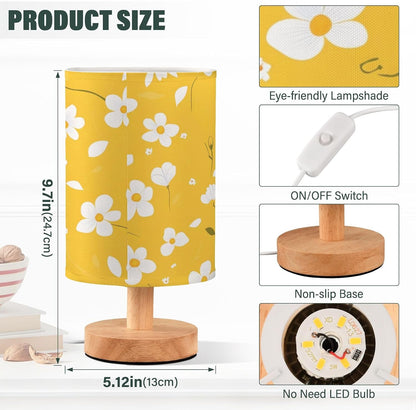 Table Lamp Bright Yellow Floral Pattern Bedside Nightstand Lamps Decorative Fabric Shade Light with Wood Base for Bedroom, Living Room, Office