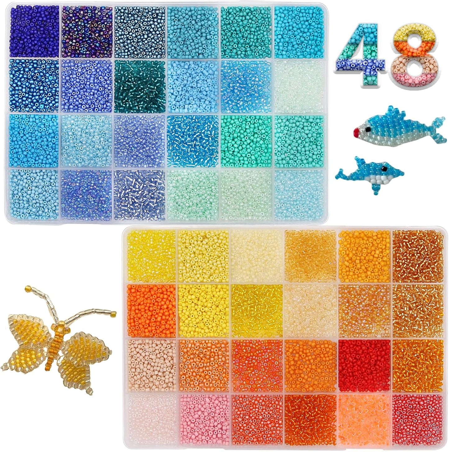 19200Pcs 2mm Glass Seed Beads Small Craft Beads 12/0 for DIY Bracelet Necklaces Crafting Jewelry Making Supplies(48 Colors, Yellow/Blue Series)