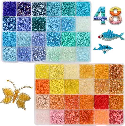 19200Pcs 2mm Glass Seed Beads Small Craft Beads 12/0 for DIY Bracelet Necklaces Crafting Jewelry Making Supplies(48 Colors, Yellow/Blue Series)