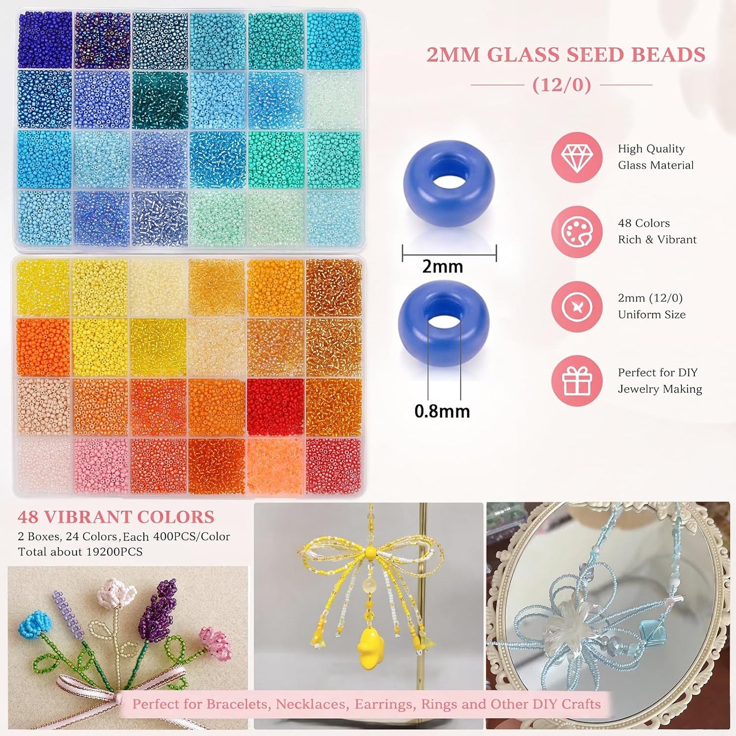 19200Pcs 2mm Glass Seed Beads Small Craft Beads 12/0 for DIY Bracelet Necklaces Crafting Jewelry Making Supplies(48 Colors, Yellow/Blue Series)