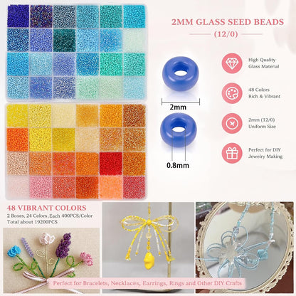 19200Pcs 2mm Glass Seed Beads Small Craft Beads 12/0 for DIY Bracelet Necklaces Crafting Jewelry Making Supplies(48 Colors, Yellow/Blue Series)