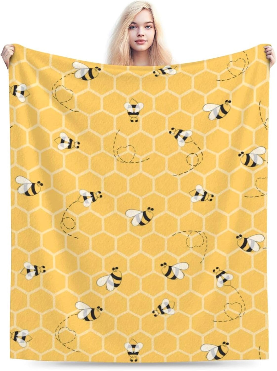 Yellow Honeycomb Bee Blanket Soft Lightweight Throw Blankets Cozy Flannel Bed Throws for Sofa Couch Travel Home Room Bedroom Decor Gifts for Boys Girls Kids Adults 50"x40"