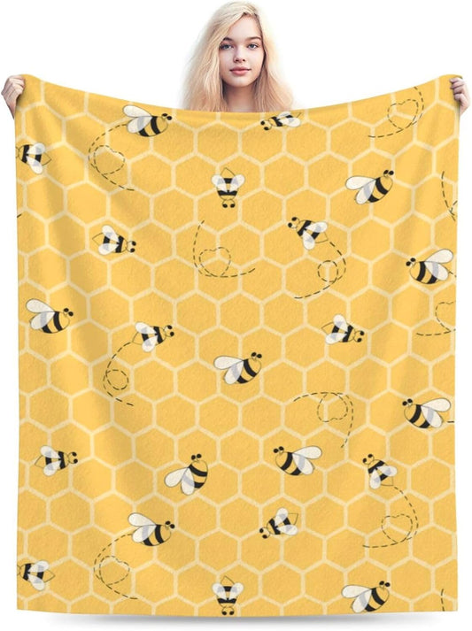 Yellow Honeycomb Bee Blanket Soft Lightweight Throw Blankets Cozy Flannel Bed Throws for Sofa Couch Travel Home Room Bedroom Decor Gifts for Boys Girls Kids Adults 50"x40"