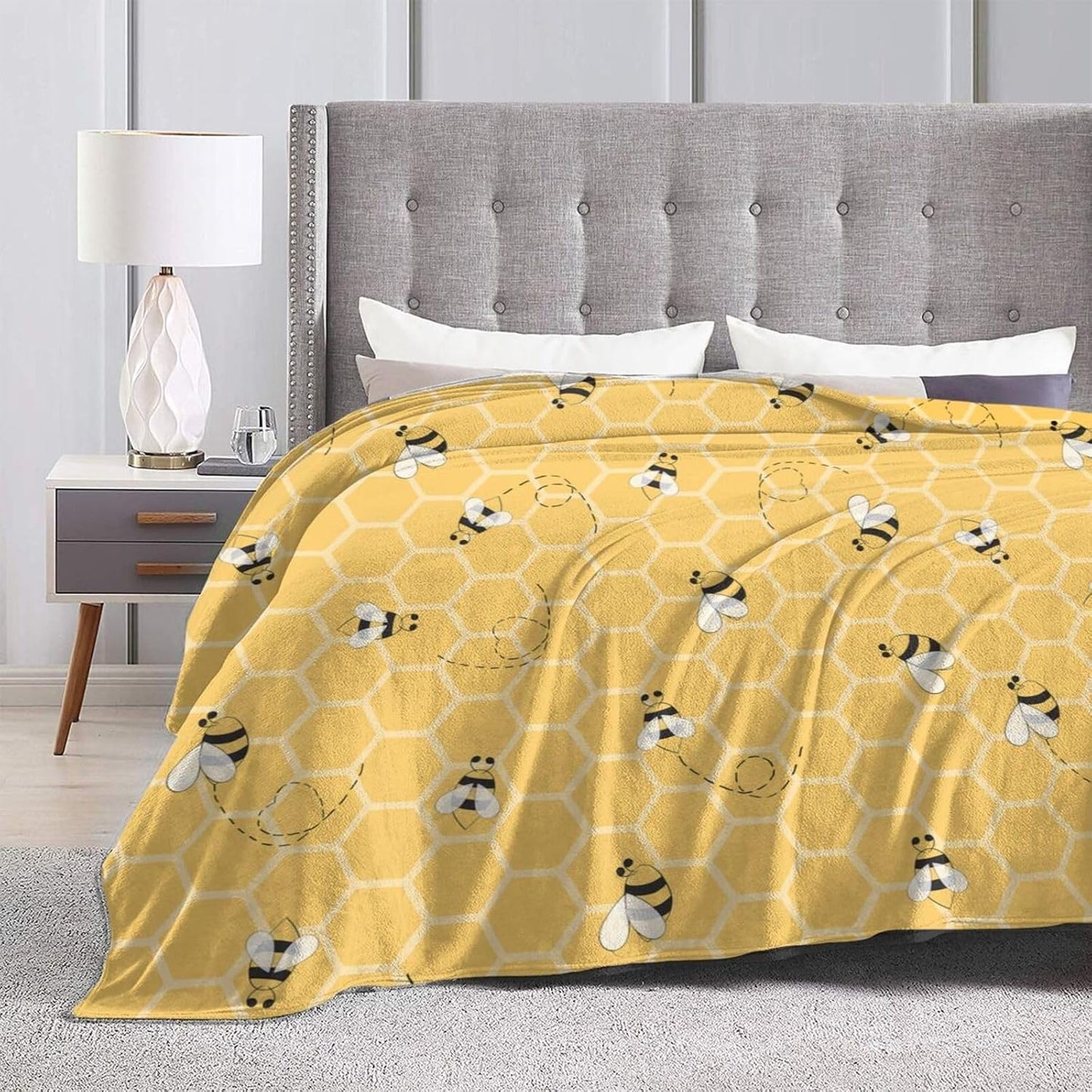Yellow Honeycomb Bee Blanket Soft Lightweight Throw Blankets Cozy Flannel Bed Throws for Sofa Couch Travel Home Room Bedroom Decor Gifts for Boys Girls Kids Adults 50"x40"