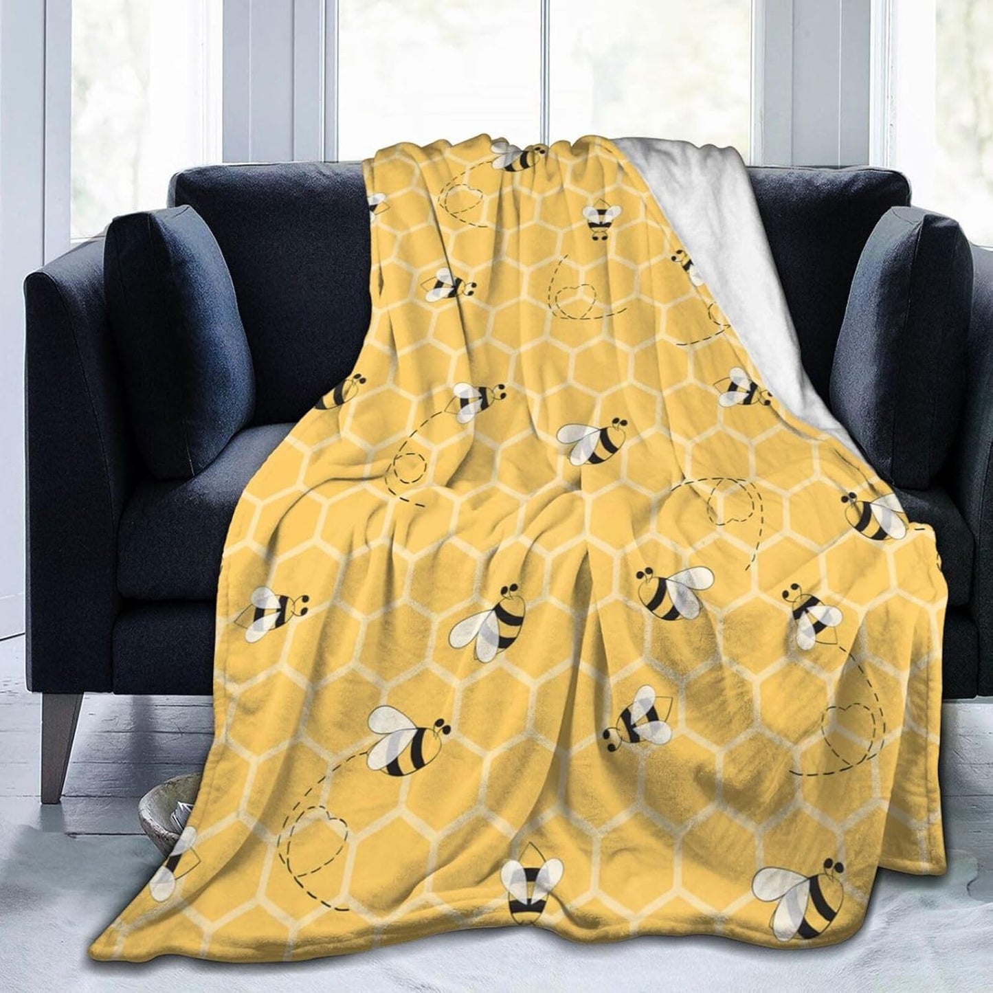 Yellow Honeycomb Bee Blanket Soft Lightweight Throw Blankets Cozy Flannel Bed Throws for Sofa Couch Travel Home Room Bedroom Decor Gifts for Boys Girls Kids Adults 50"x40"