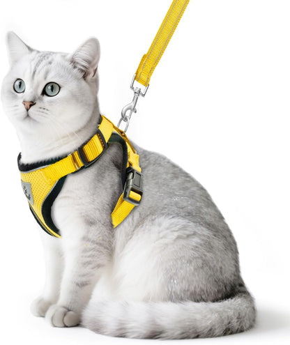 Cat Harness and Leash Set Escape Proof Reflective Cat Walking Harness Adjustable Soft Breathable Mesh Vest for Small Pets, Yellow, S