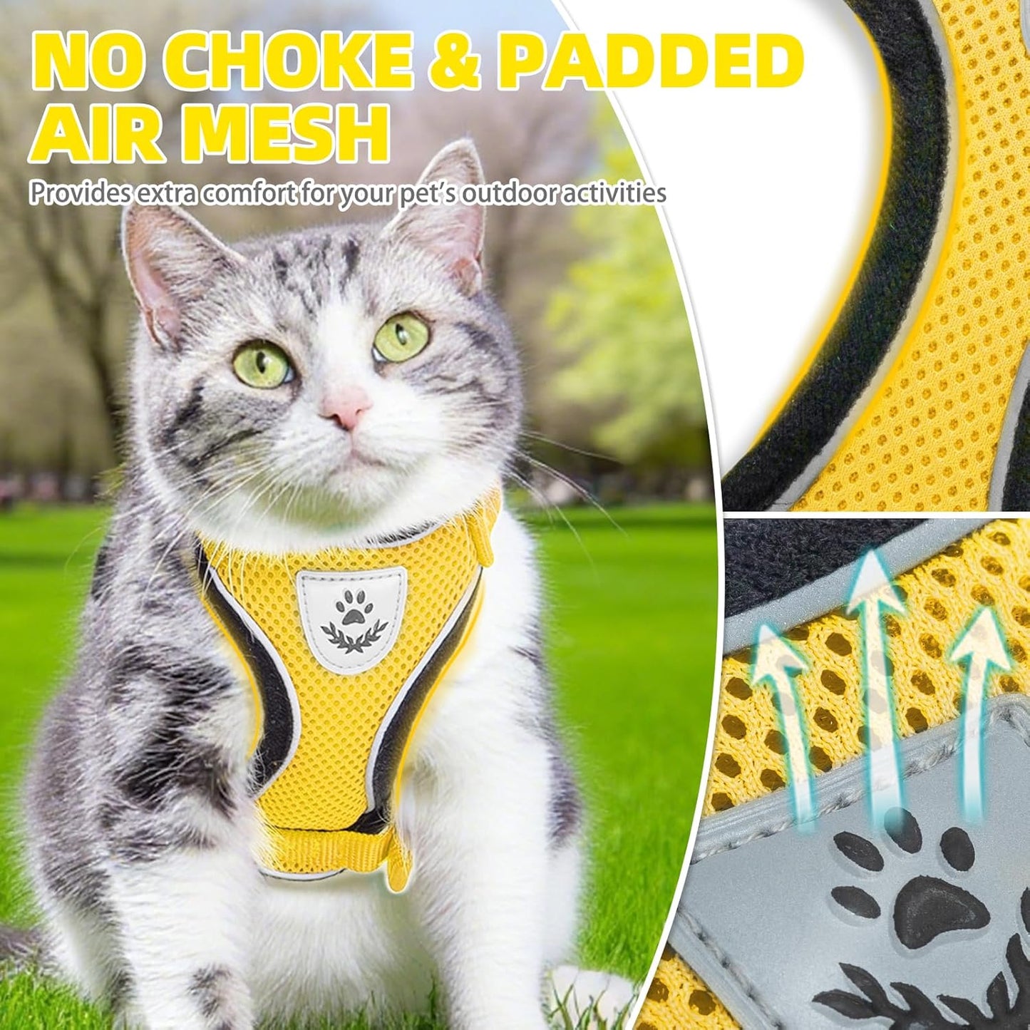 Cat Harness and Leash Set Escape Proof Reflective Cat Walking Harness Adjustable Soft Breathable Mesh Vest for Small Pets, Yellow, S