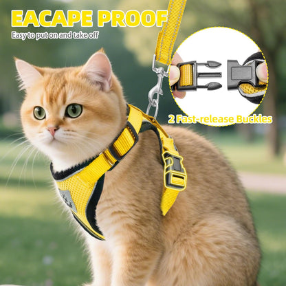 Cat Harness and Leash Set Escape Proof Reflective Cat Walking Harness Adjustable Soft Breathable Mesh Vest for Small Pets, Yellow, S