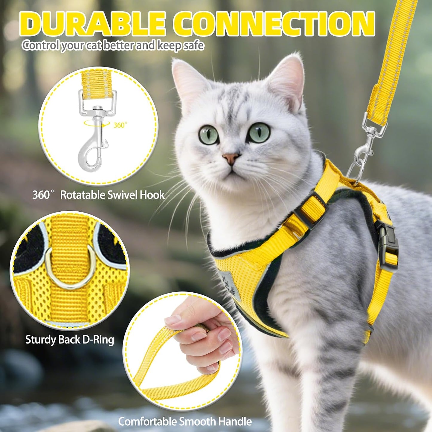 Cat Harness and Leash Set Escape Proof Reflective Cat Walking Harness Adjustable Soft Breathable Mesh Vest for Small Pets, Yellow, S