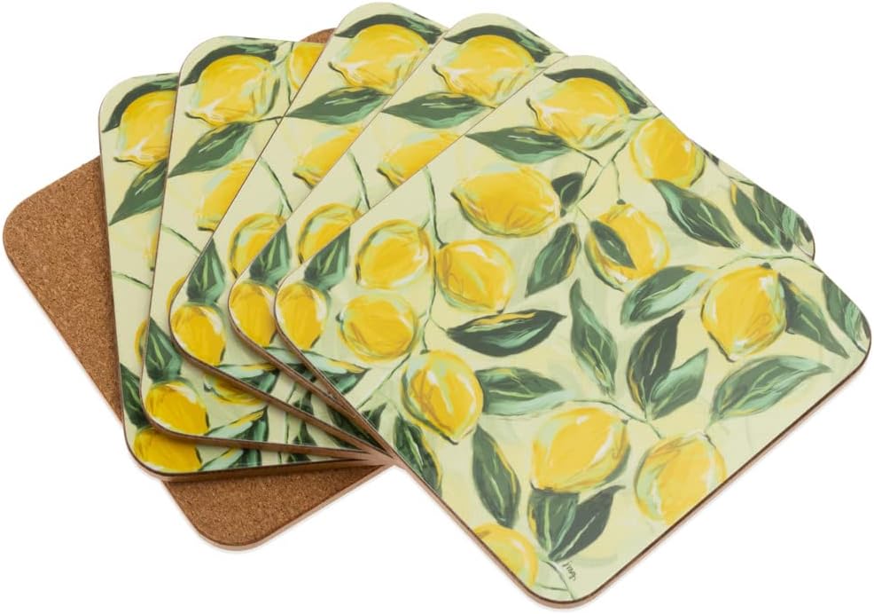 Coasters Cork Backed Coaster Set, 4" x 4", Painterly Lemons, 6-Count