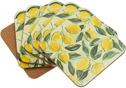 Coasters Cork Backed Coaster Set, 4" x 4", Painterly Lemons, 6-Count
